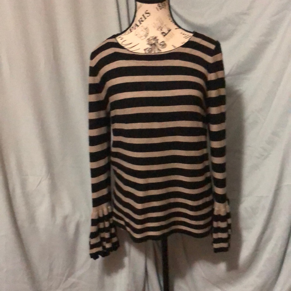 Cyrus Black and Tan Striped Scooped Neck Sweater with Ruffled Sleeves Size L